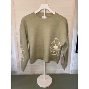Luna Ivy Sweater Womens Sage Green 3D Floral Applique Knit Medium